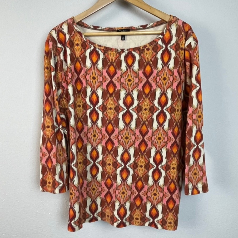 Talbots Woman 3X Ikat Print Long Sleeve Top Orange Pink Brown Casual